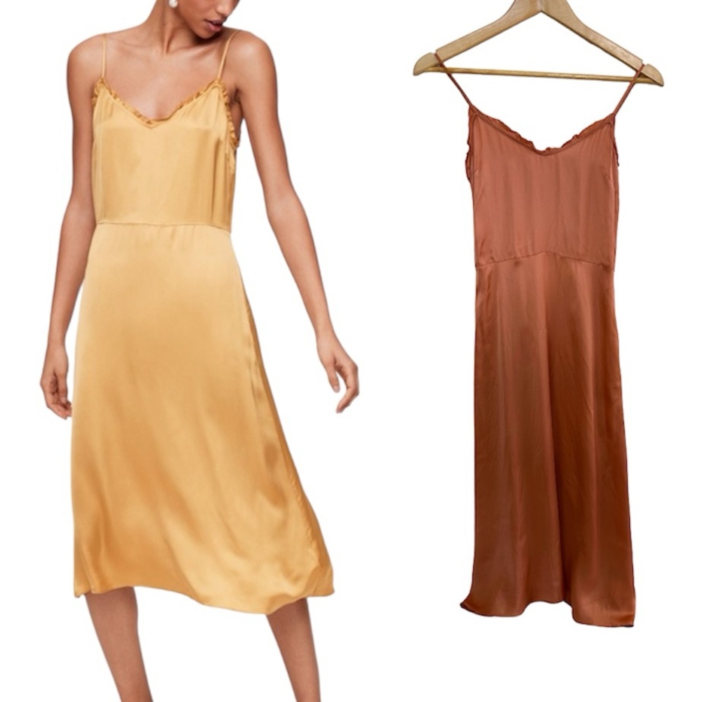 Aritzia Wilfred satin silky dress in burned orange mille